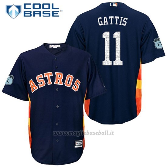 Maglia Baseball Uomo Houston Astros Evan Gattis 11 Blu 2017 Allenamento Primaverile Cool Base Giocatore